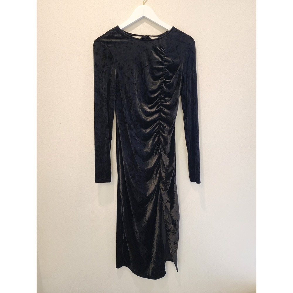 Future Collective Kahlana Barfield Black Crushed Velvet Ruched Open Back Dress S